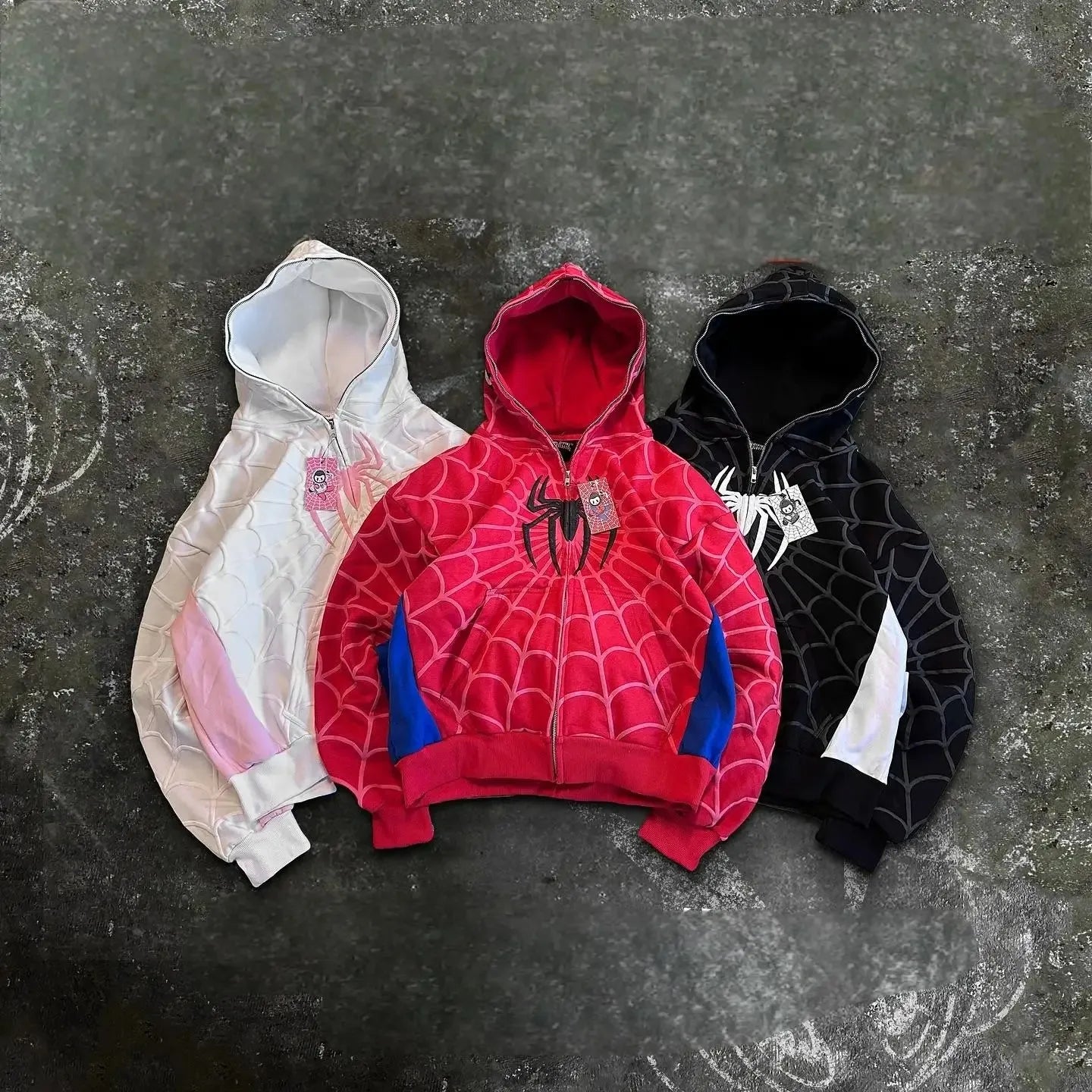 Classic Spider Print Hoodie Y2K Street Wear Zip Up Loose