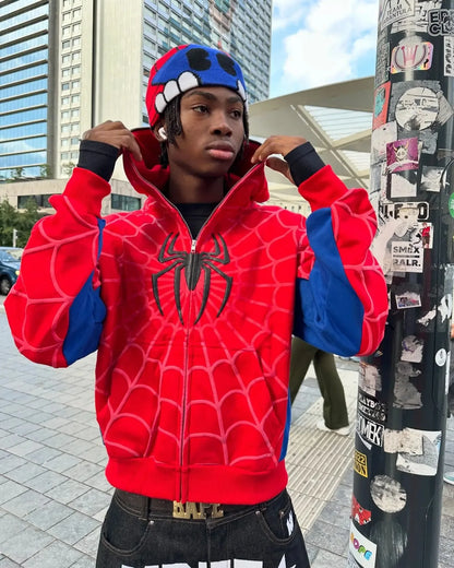 Classic Spider Print Hoodie Y2K Street Wear Zip Up Loose