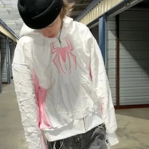 Classic Spider Print Hoodie Y2K Street Wear Zip Up Loose