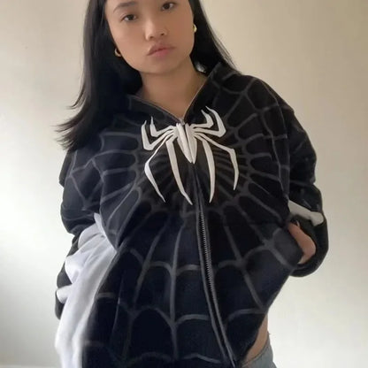 Classic Spider Print Hoodie Y2K Street Wear Zip Up Loose